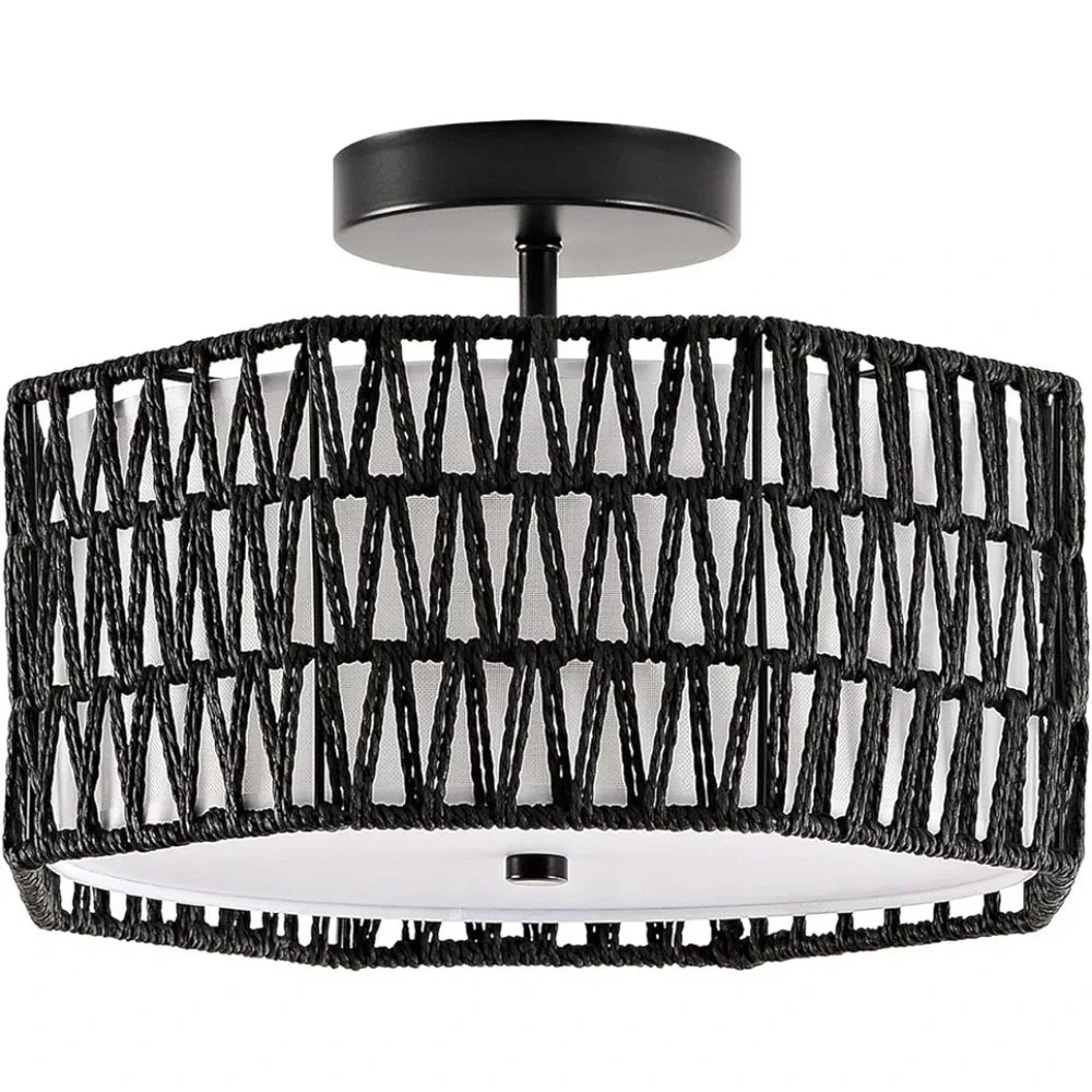 12.6 Octagon Boho Style Rattan Ceiling 3 Light Flush Mount Black Ceiling Light